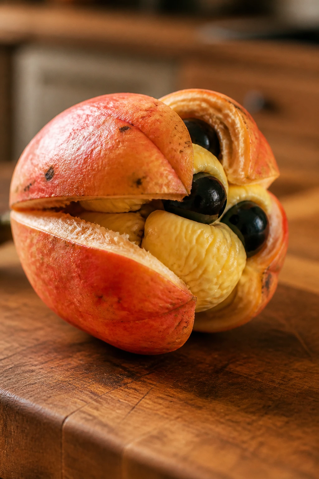 Single ripe ackee fruit in a kitchen setting
