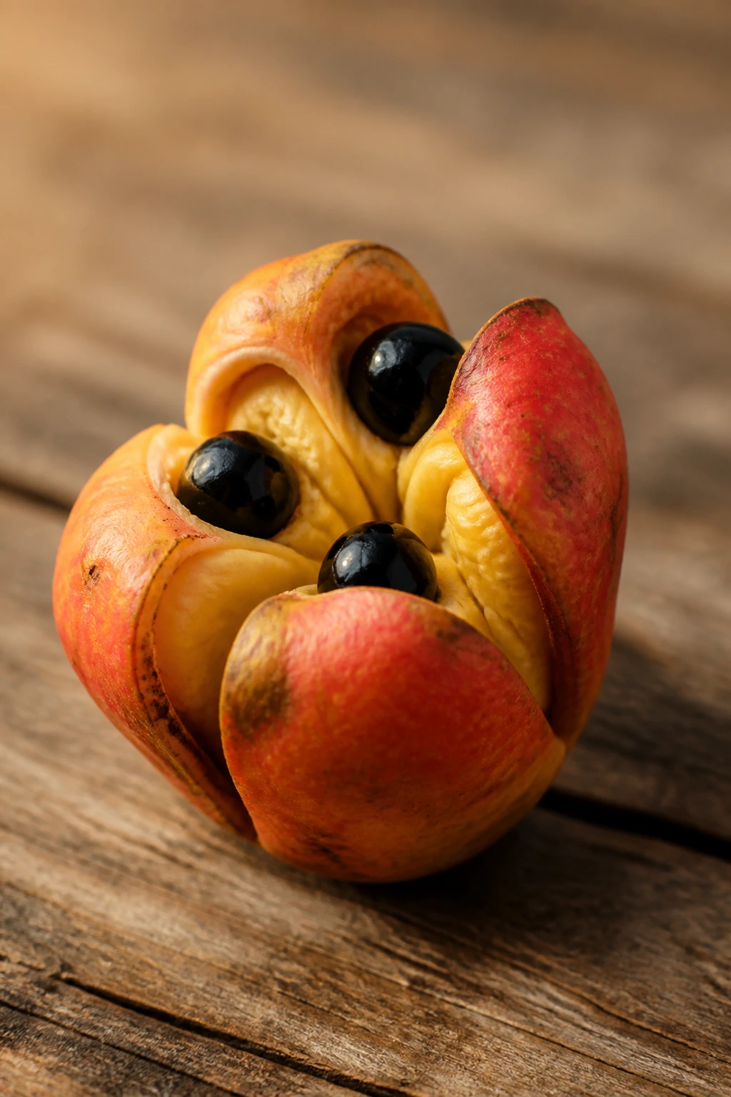 Single ripe ackee fruit on rustic wood with warm light