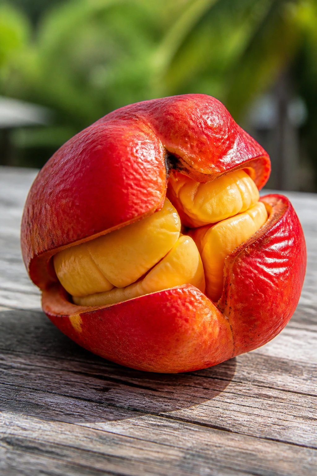 Single ripe ackee fruit on wooden surface with yellow flesh visible