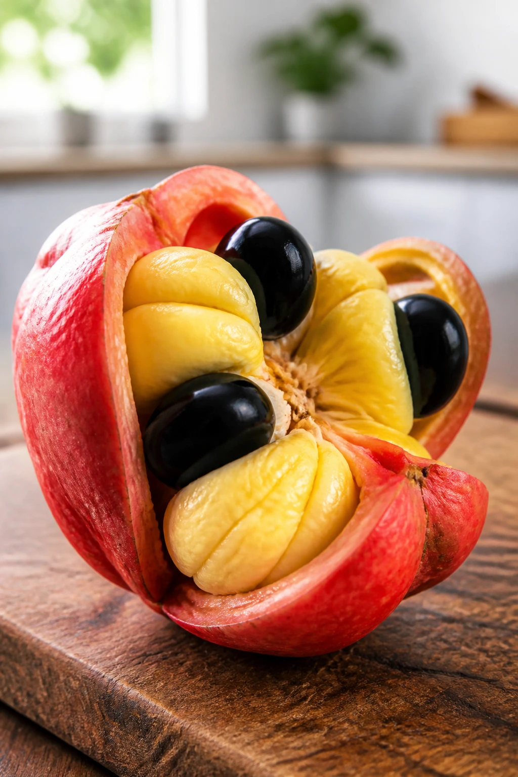 Halved ackee fruit showing yellow flesh and black seeds on wooden board