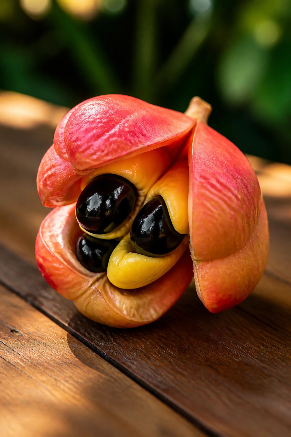 Bright ripe ackee fruit on wooden surface in natural light