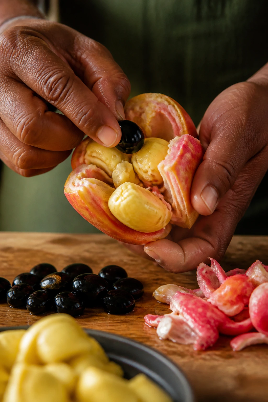 Hands preparing ripe ackee fruit in a kitchen, removing seeds