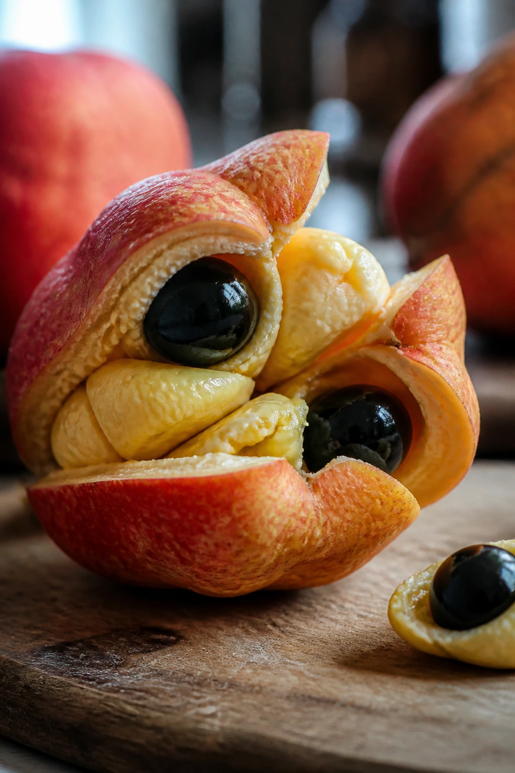 Open ripe ackee fruit showing yellow flesh and seeds on a cutting board