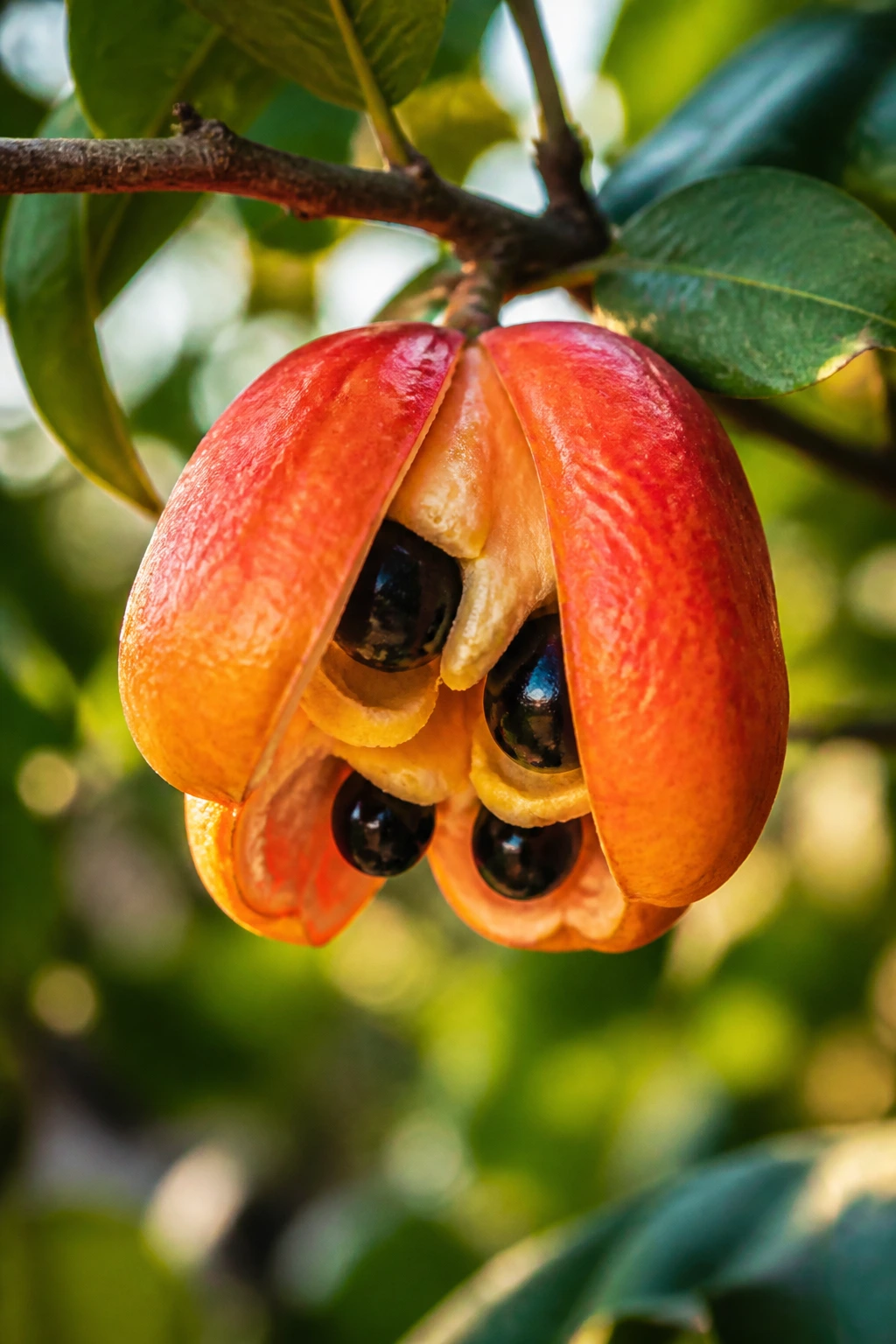 Ackee fruit hanging from a tree branch in Jamaica