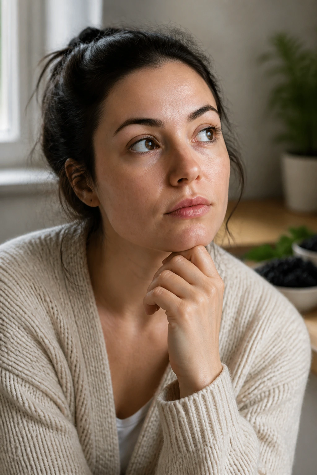 Close-up portrait of a thoughtful woman with clear skin in natural light