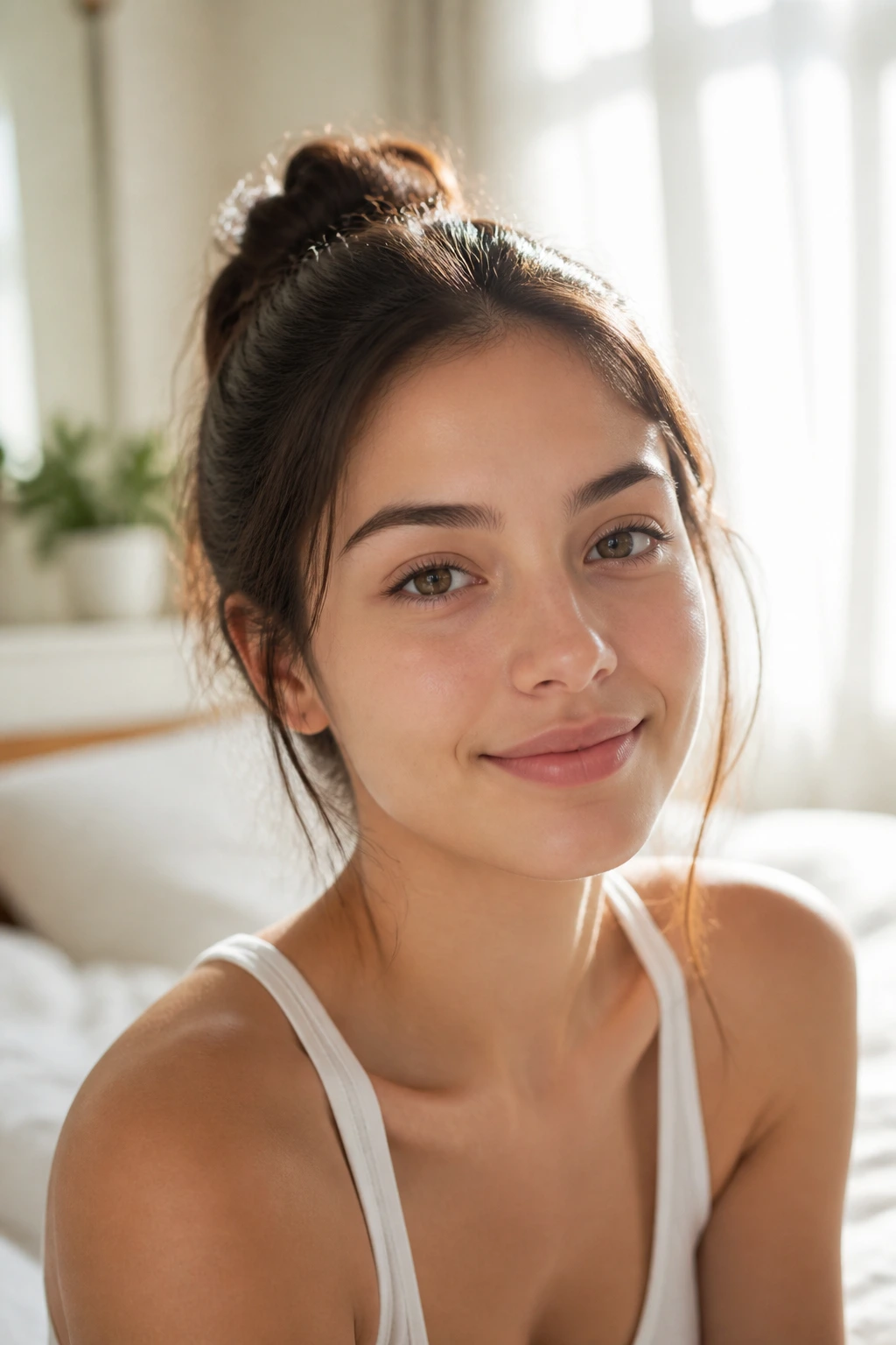 Close-up of a real person with acne-free skin in bright daylight