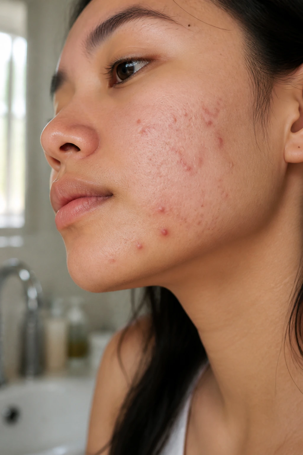 Close-up of acne-prone skin on a real person's cheek in a bathroom setting with natural light