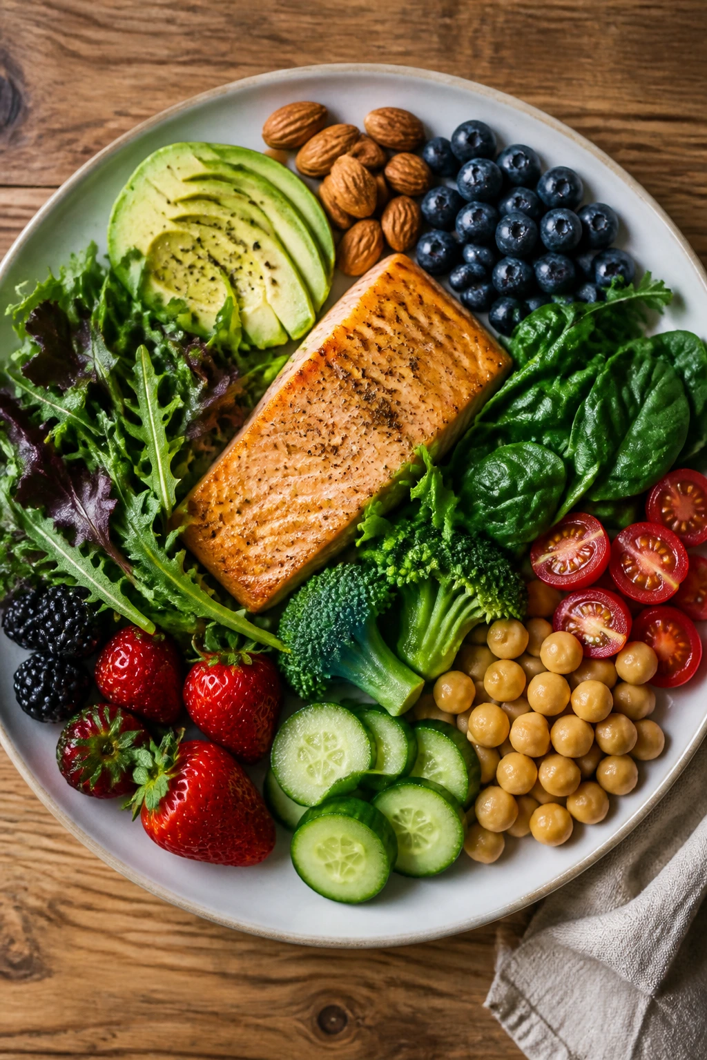 Colorful plate of healthy foods symbolizing acne-friendly diet on wooden table