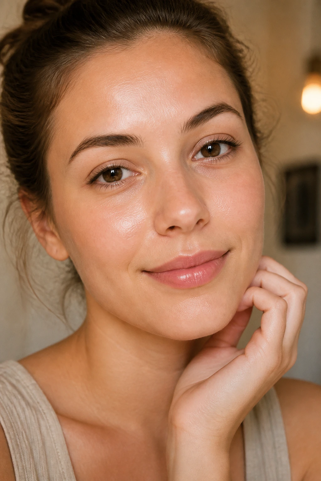 Close-up portrait of a person with clear, smooth skin