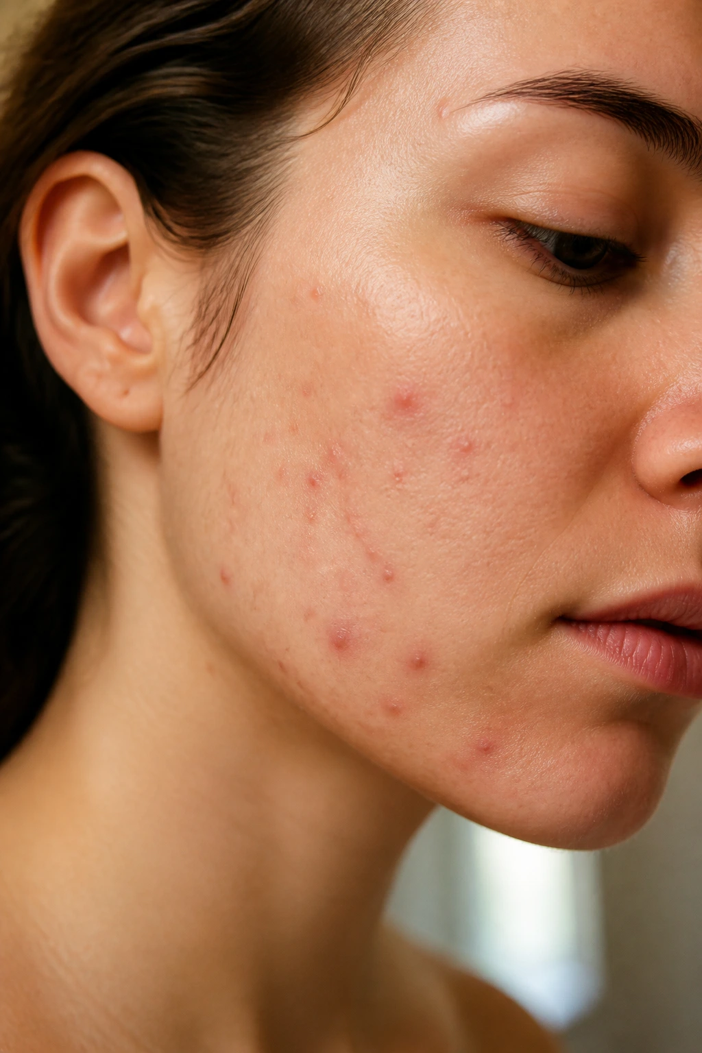 Citrus Magic: Are Oranges Good For Acne? 1 Close-up acne on real person's cheek with pimples under natural light