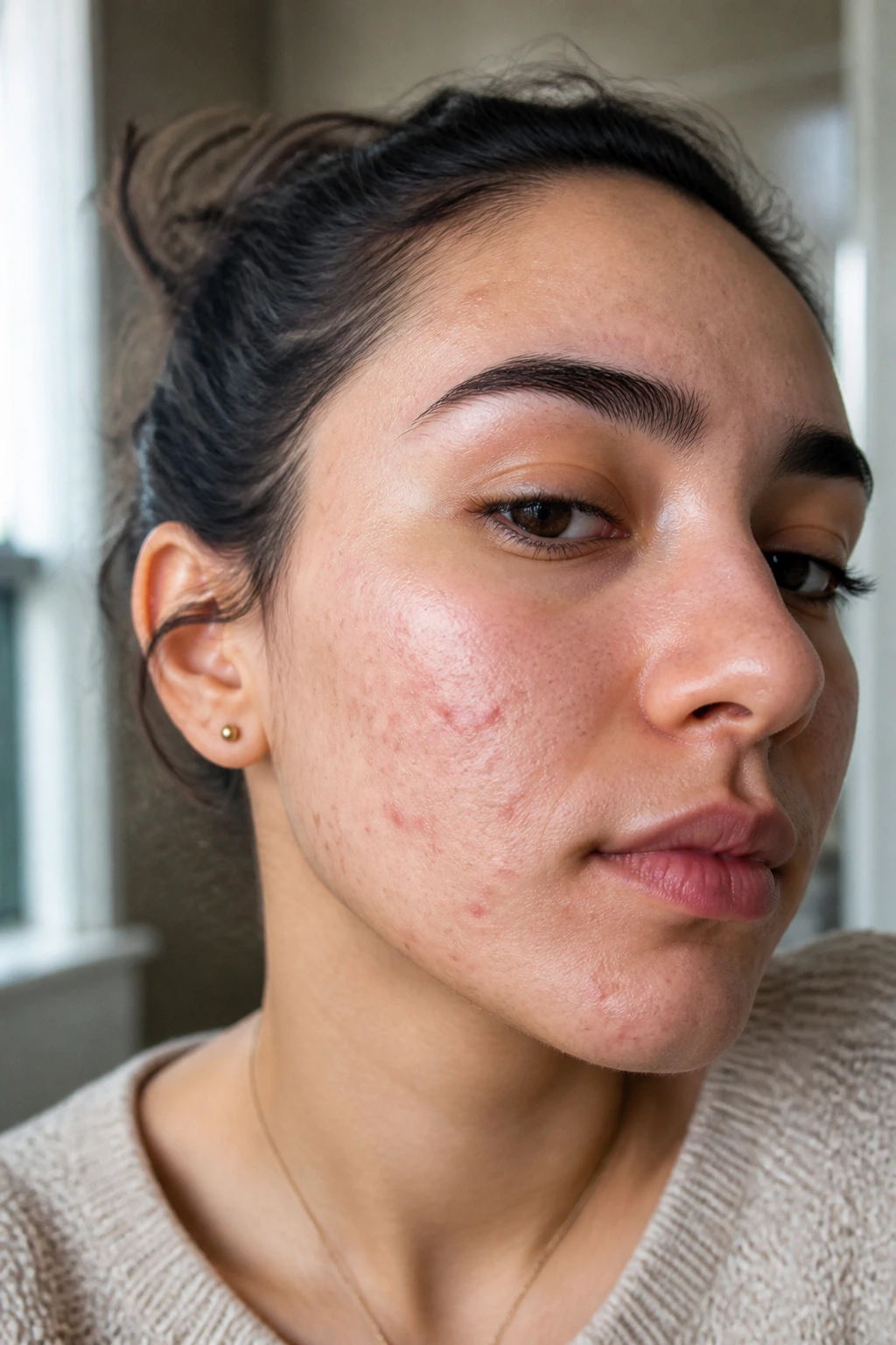 Banishing Breakouts: Are Grapes Good For Acne? 2 Close-up of acne-prone skin on a real person's face in natural window light