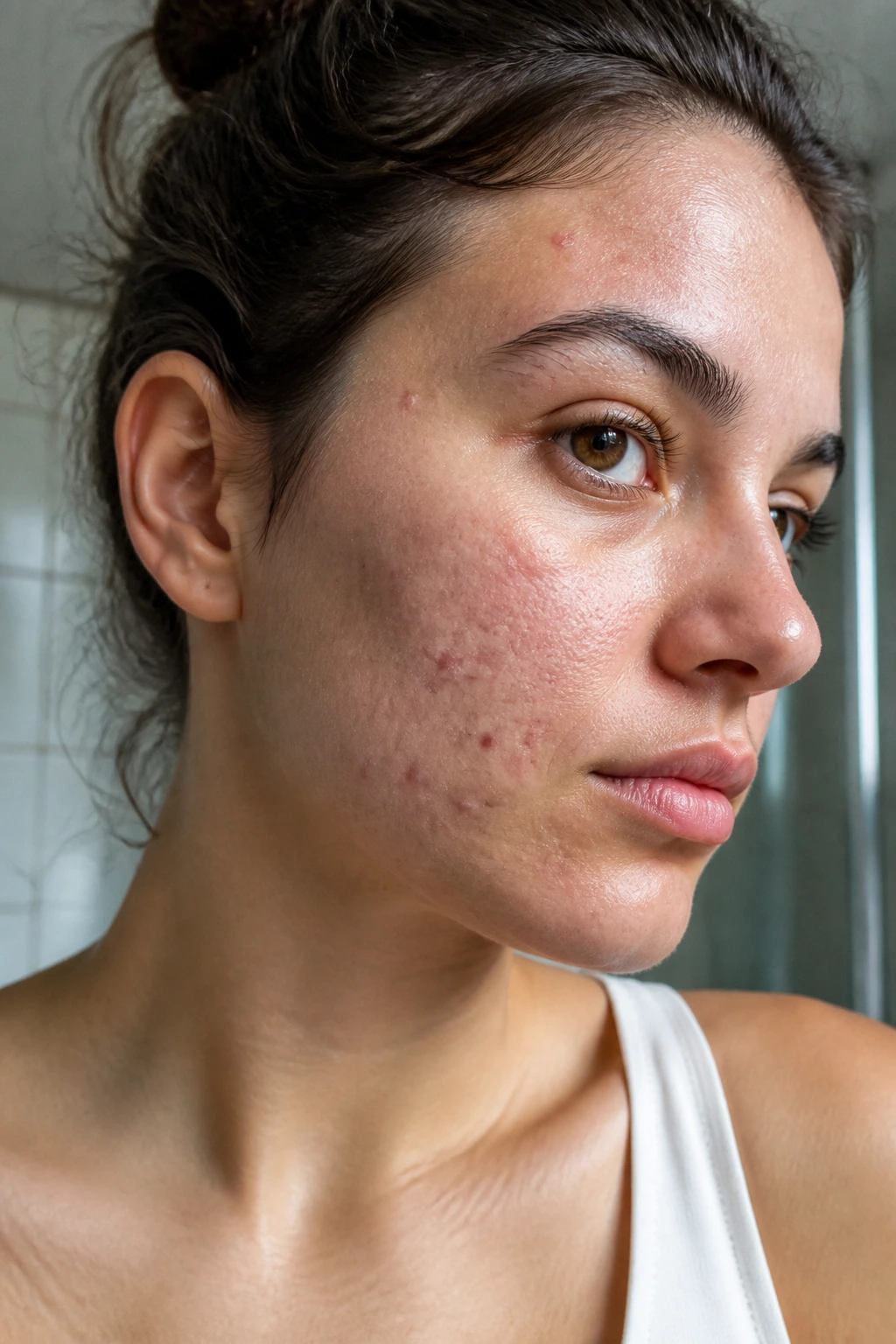 Close-up of acne-prone skin on a real person’s face in natural light