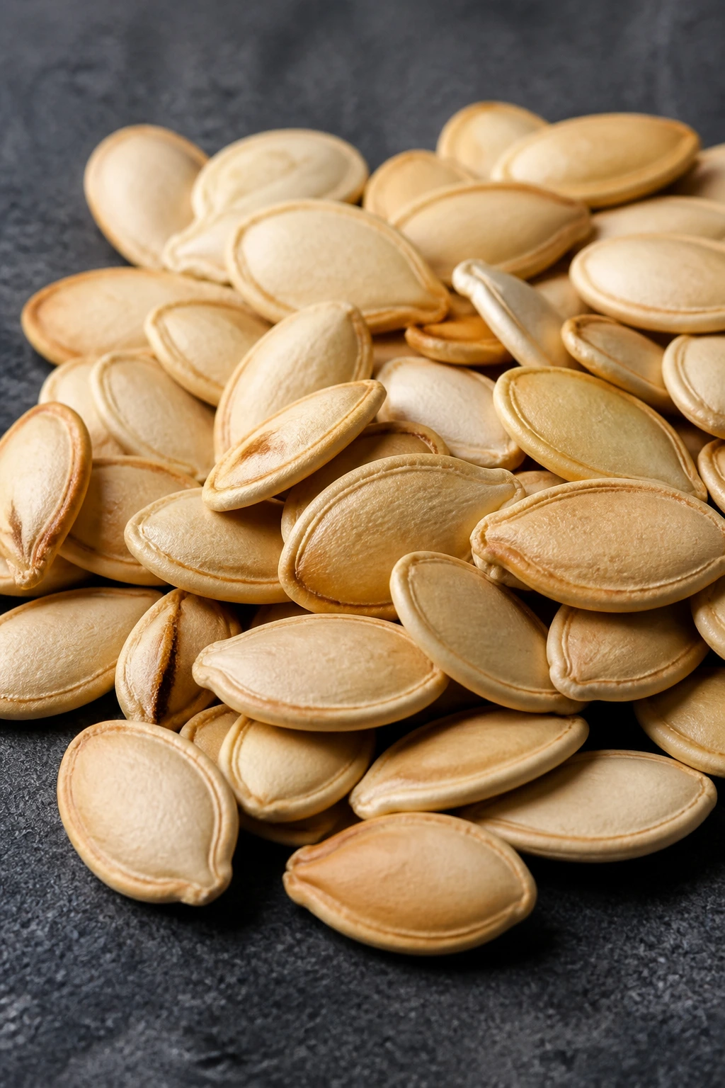 Close-up of raw acorn squash seeds on dark textured surface