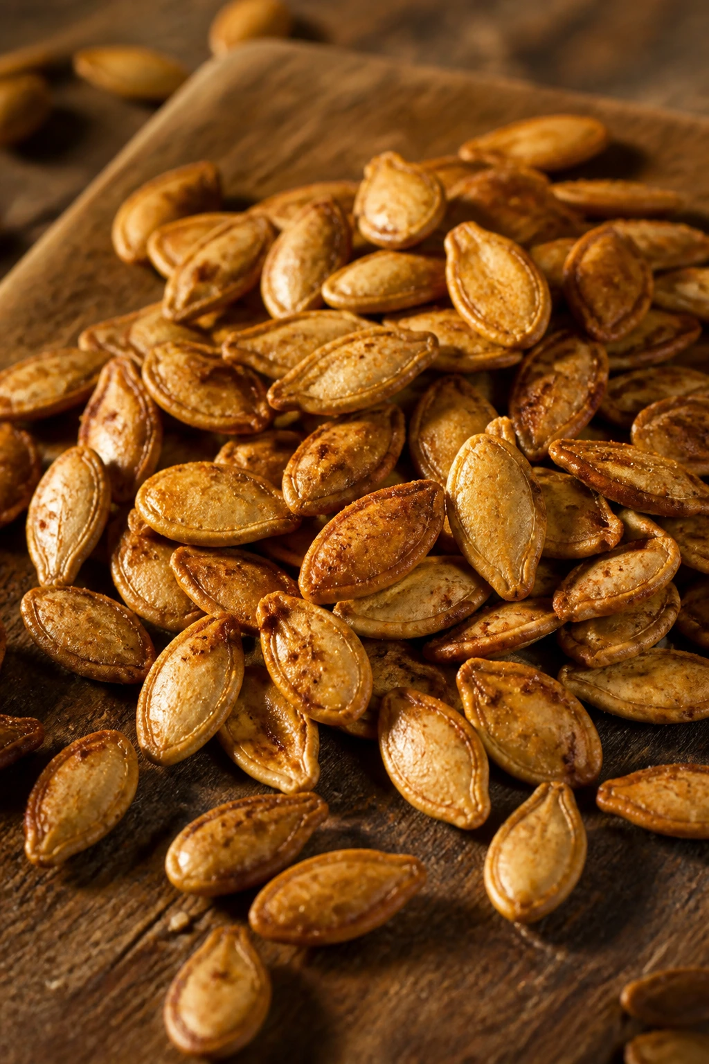 Close-up of roasted acorn squash seeds on wood board, nutritious crunch