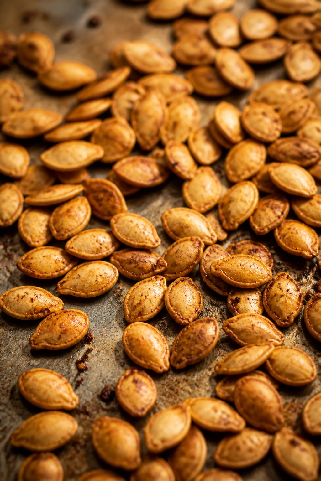 Close-up of roasted acorn squash seeds on baking sheet