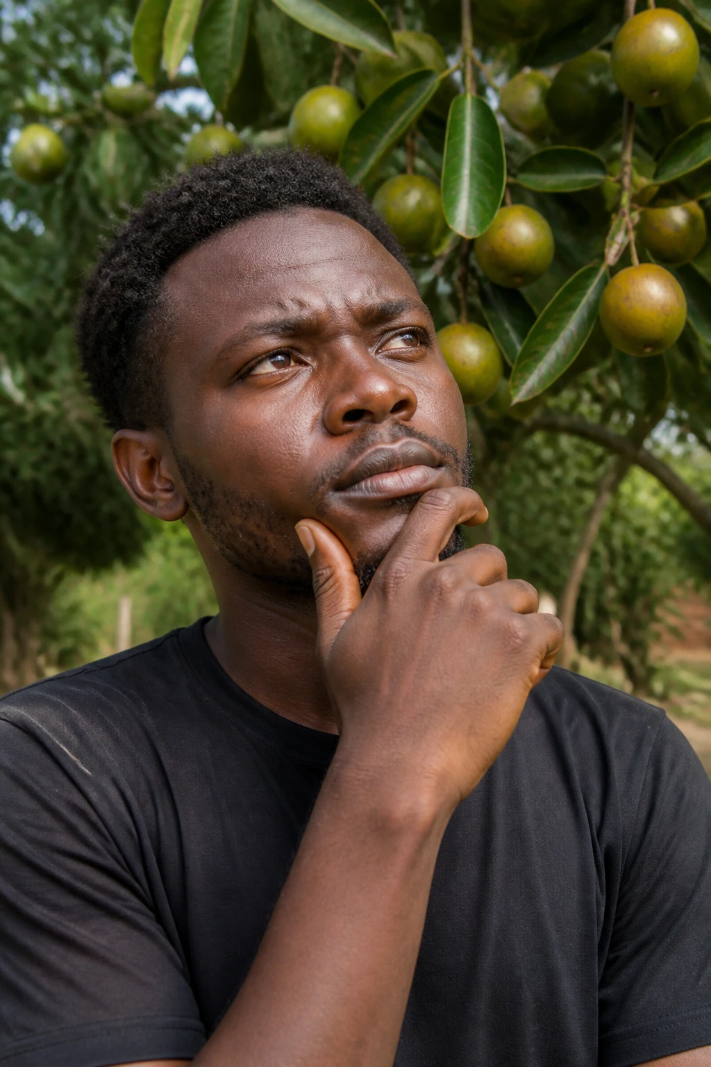 Portrait of a real person in a garden with an agbalumo tree in the background