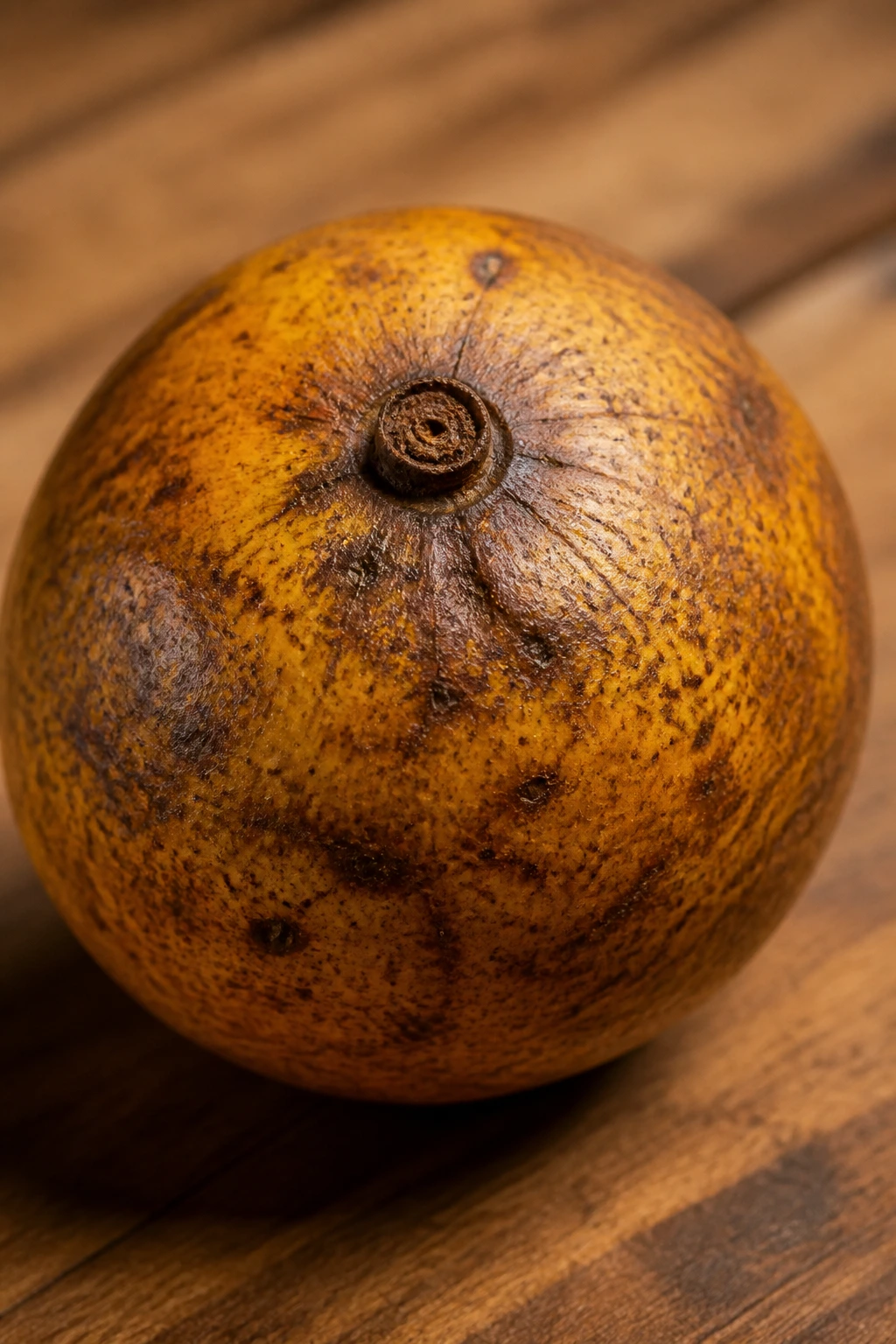 Close-up of ripe Agbalumo on wooden surface with warm light