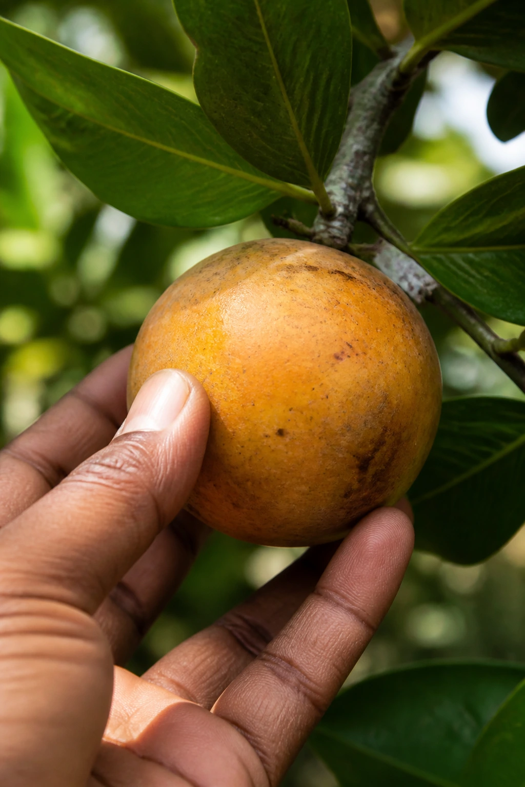 Close-up of a ripe agbalumo fruit on a branch ready for harvest in bright daylight
