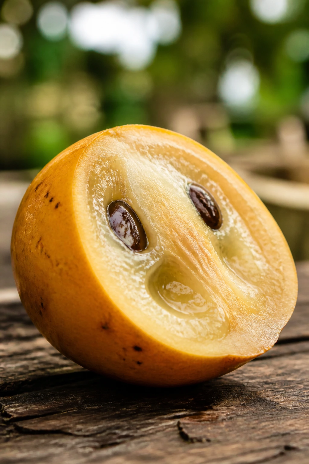 Close-up of ripe agbalumo with yellow-orange skin and creamy pulp on a wooden surface