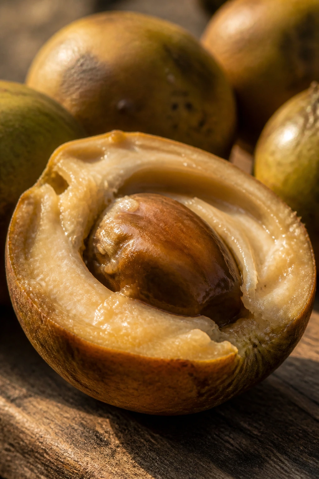 Halved agbalumo with creamy pulp and seed on wooden surface