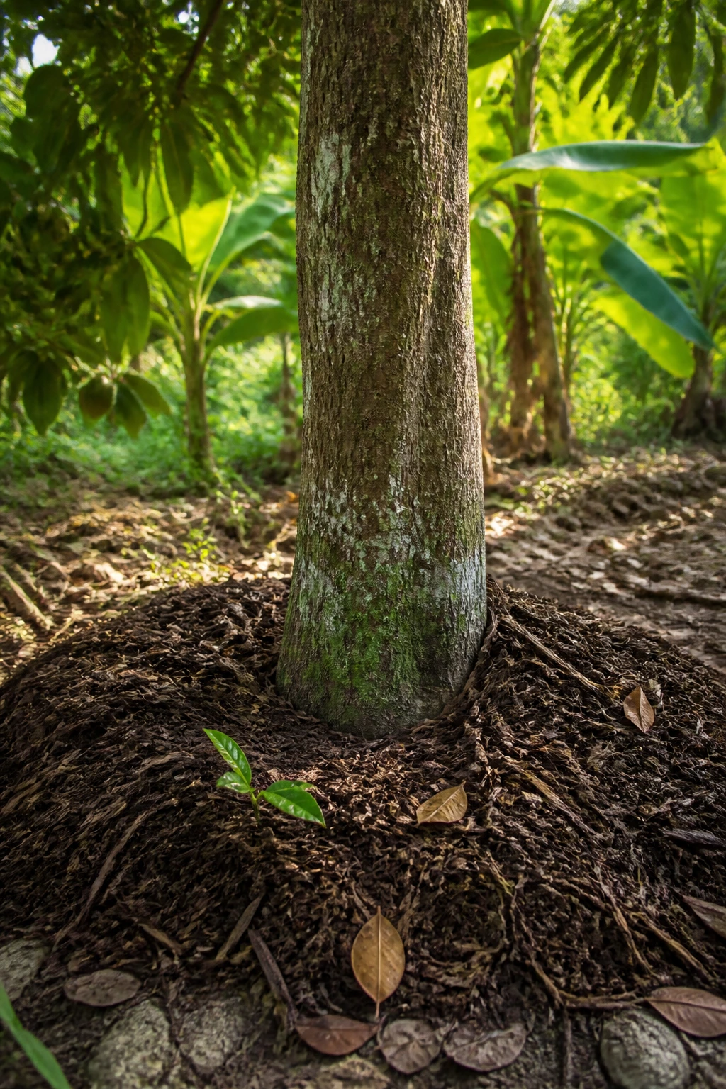 Close-up of agbalumo tree trunk with organic mulch around base in a tropical garden