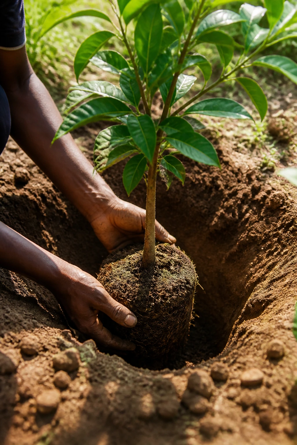 Young agbalumo tree seedling being planted outdoors