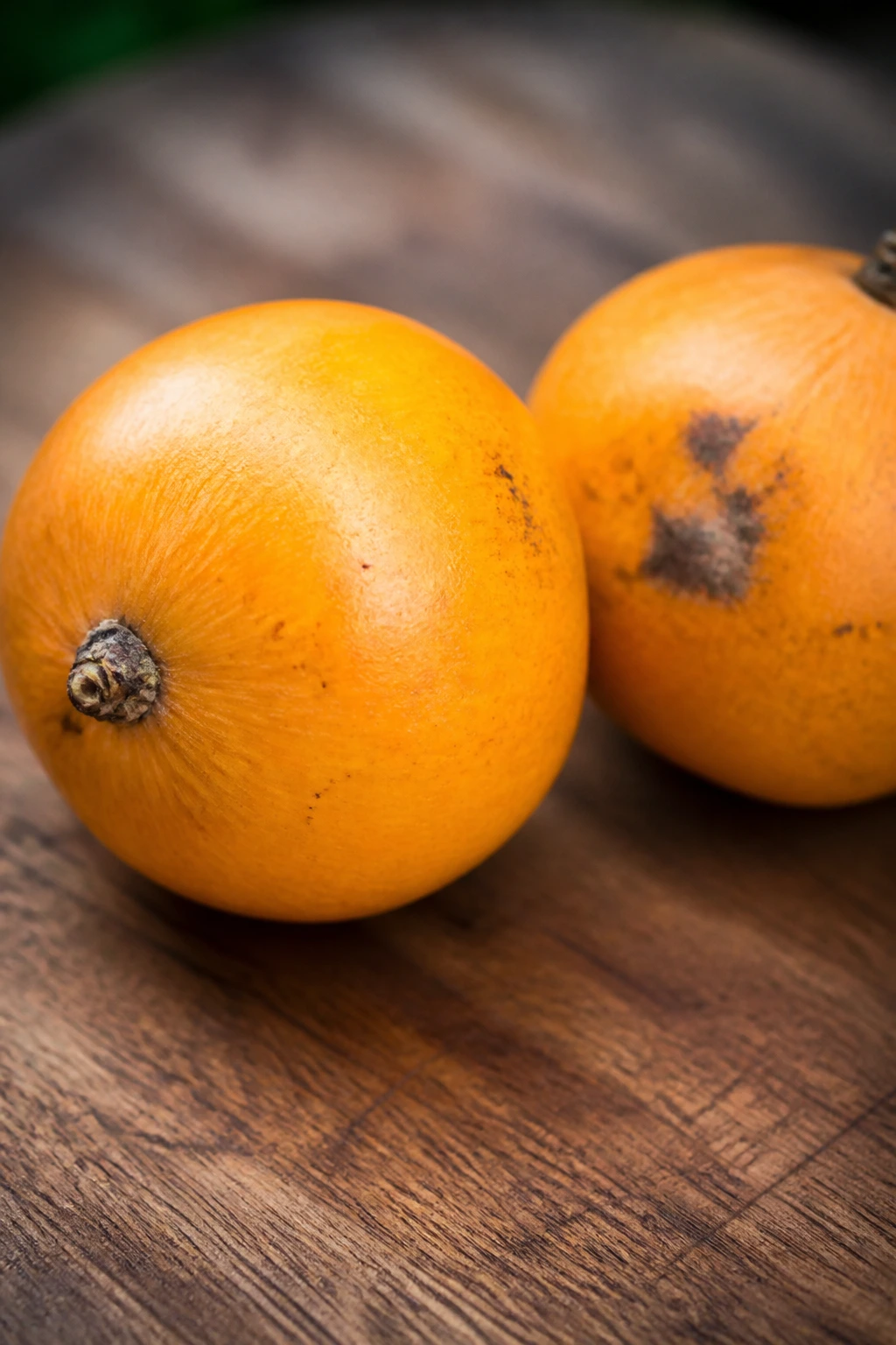 Two ripe Agbalumo fruits with vibrant color on a wooden surface