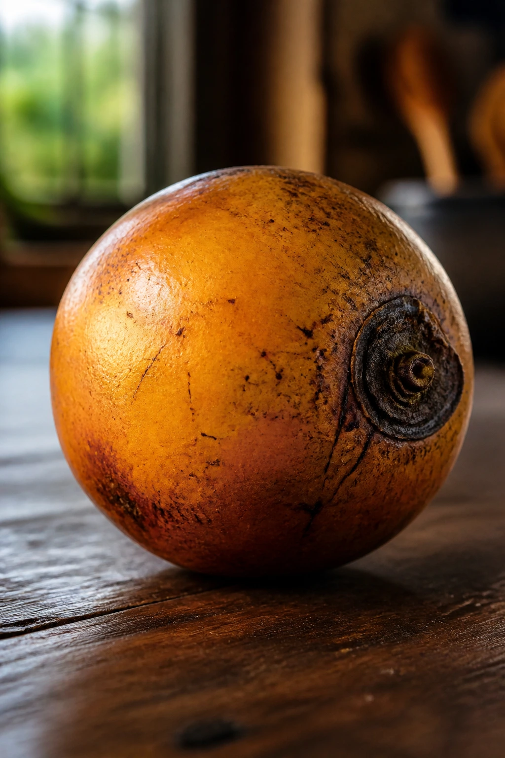 Close-up of a ripe Agbalumo on a wooden surface under natural light