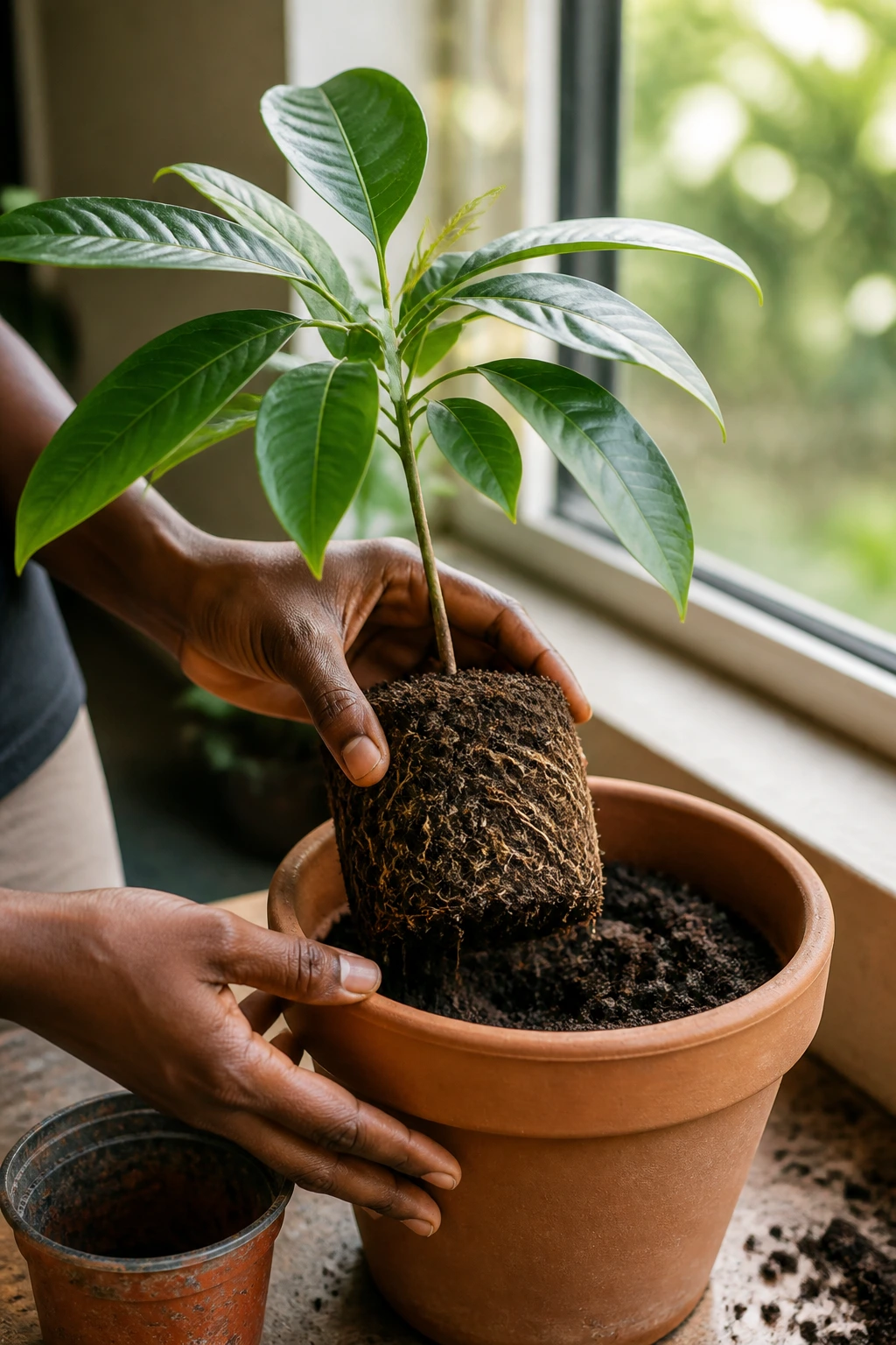 Hands transplanting agbalumo seedling into bigger pot