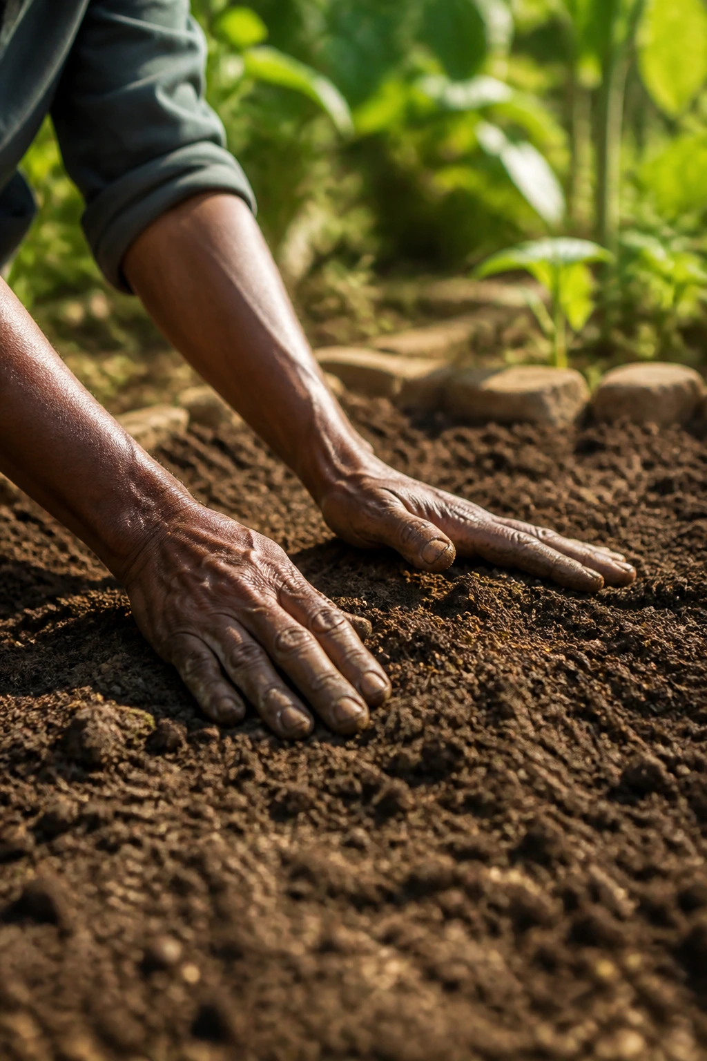 Close-up of gardener's hands inspecting soil for agbalumo planting