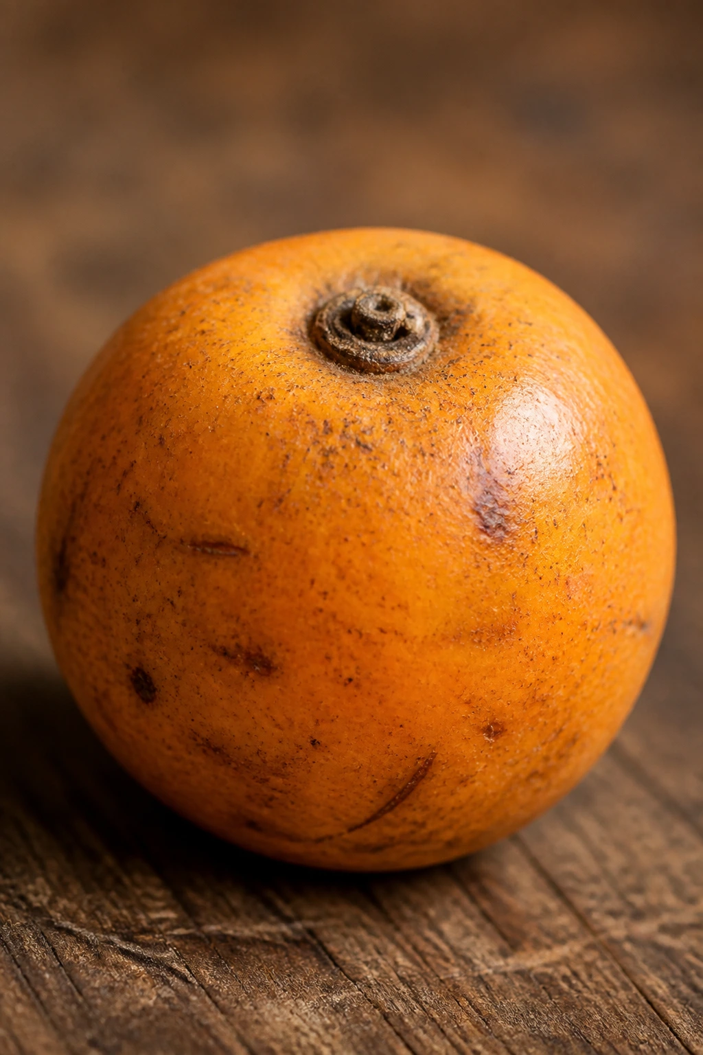Single agbalumo on wooden surface under natural light