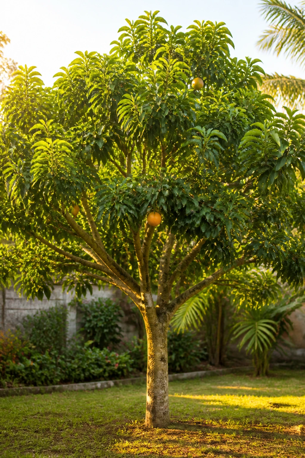 Healthy agbalumo tree flourishing in a backyard garden during golden hour