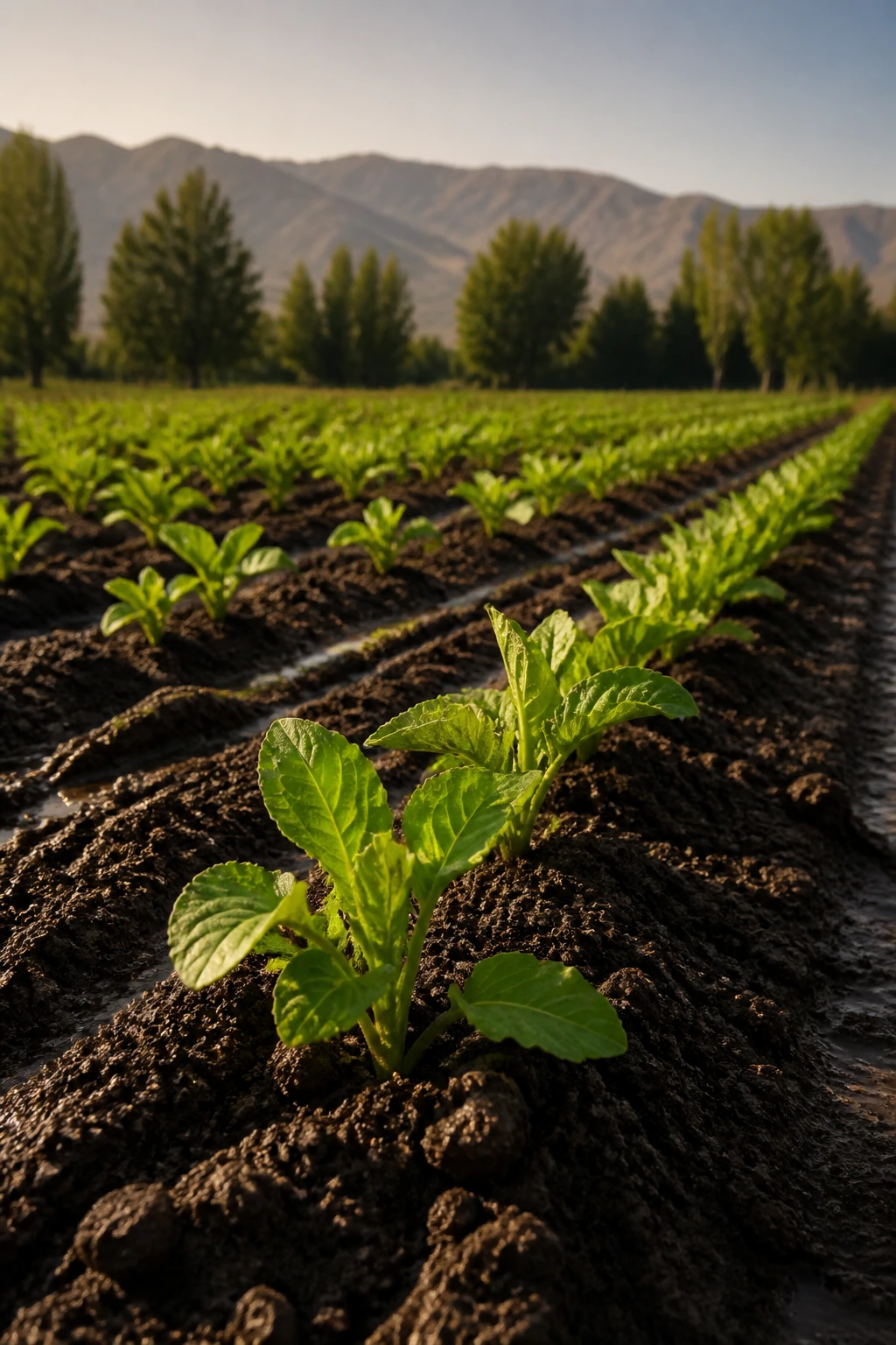 Close-up of young crops in an Afghan field under warm sunlight.