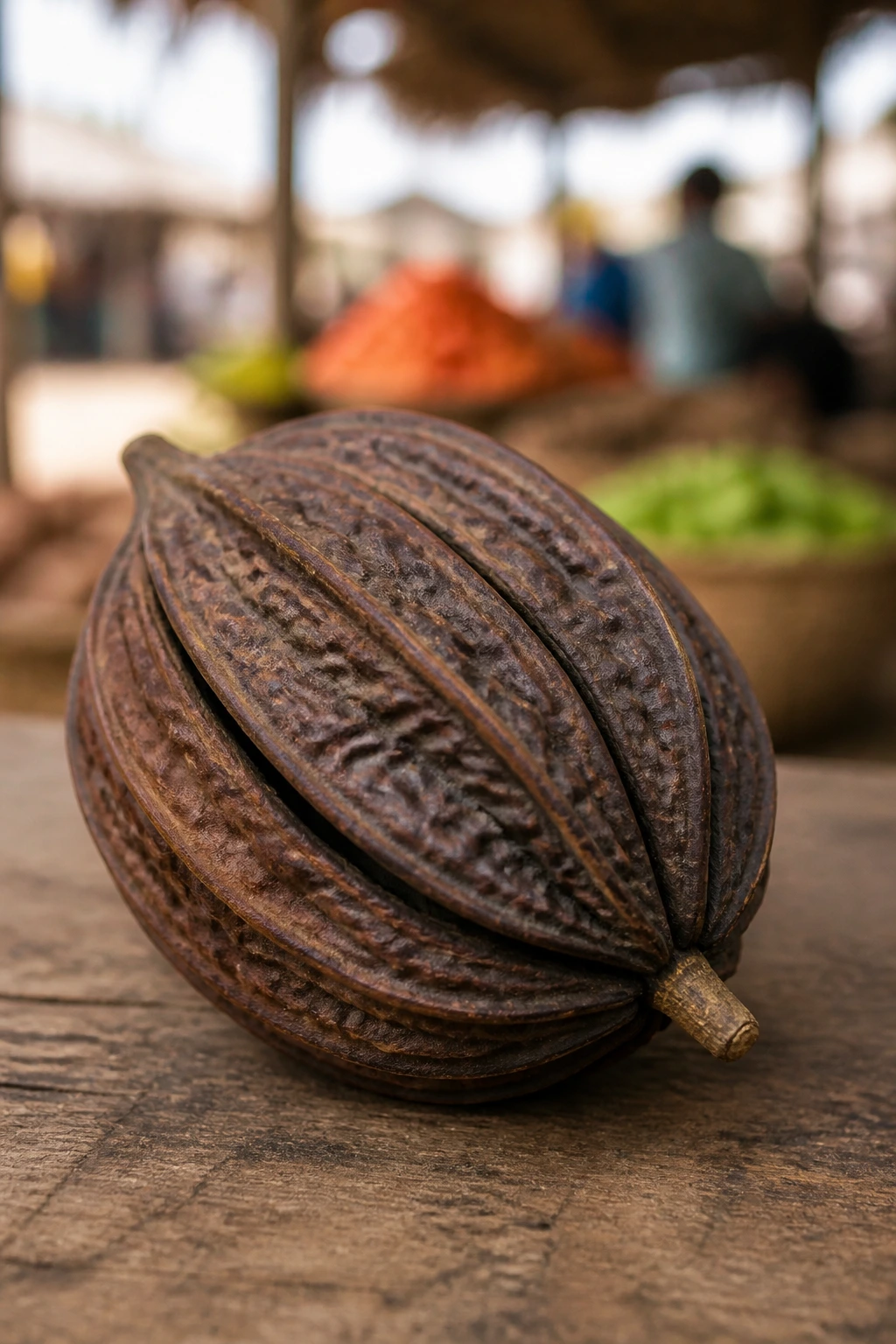 Aidan fruit on wood with a West African market background