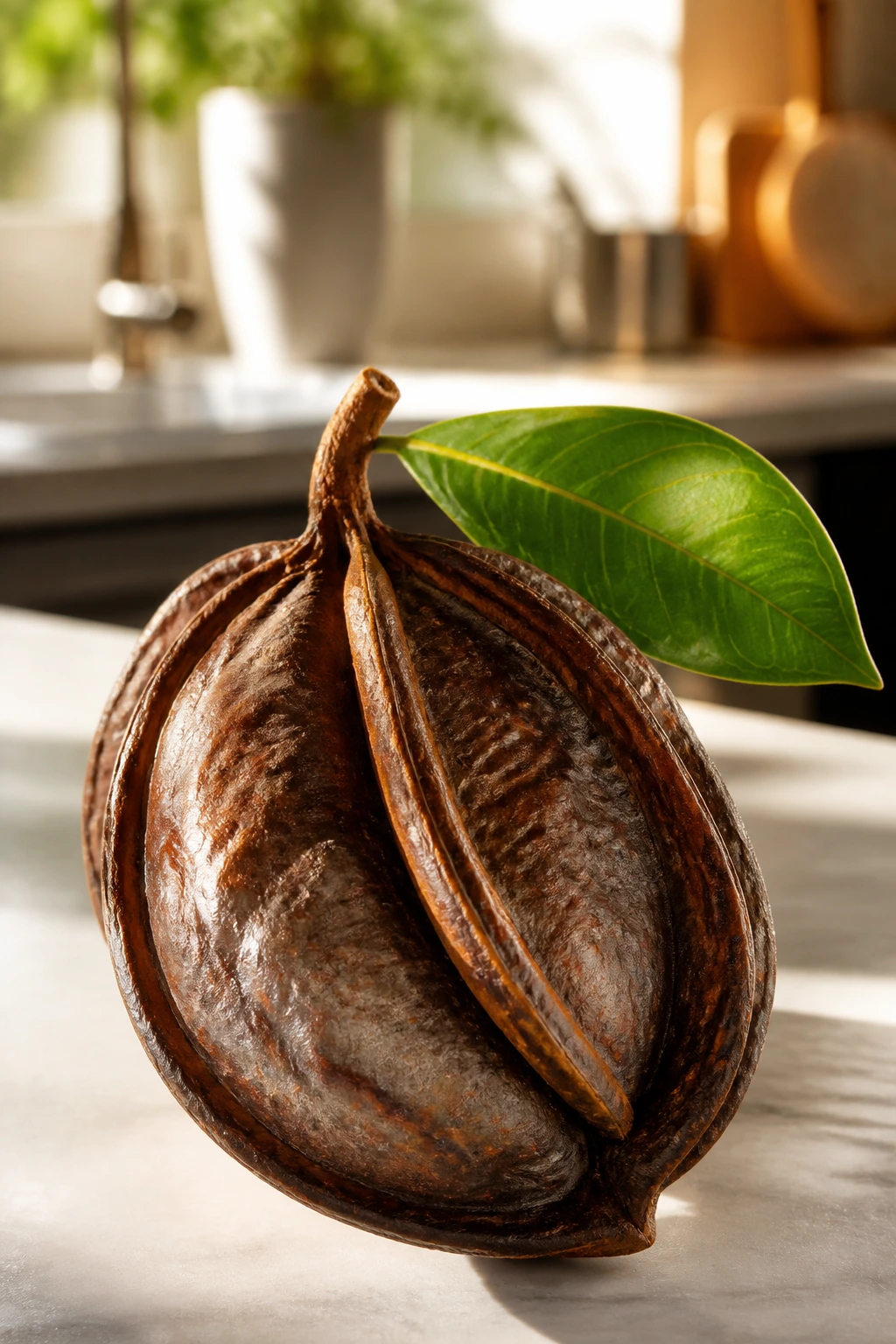 Aidan fruit with leaf in bright kitchen light