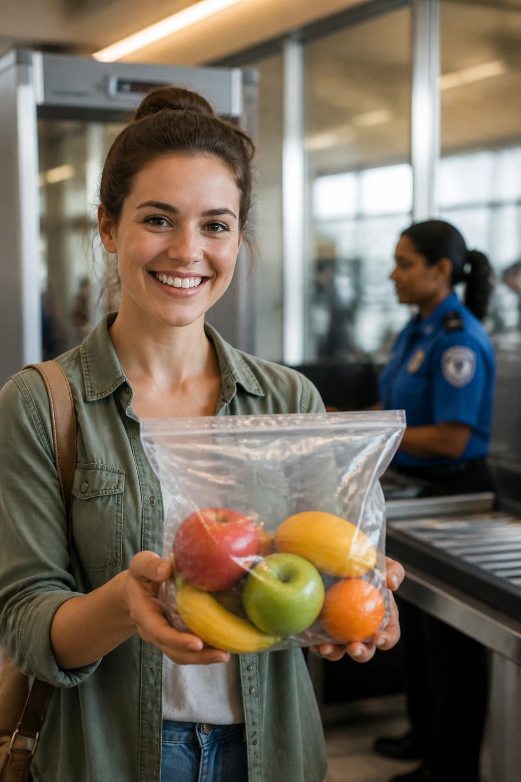 Traveler at airport security with transparent fruit bag at checkpoint