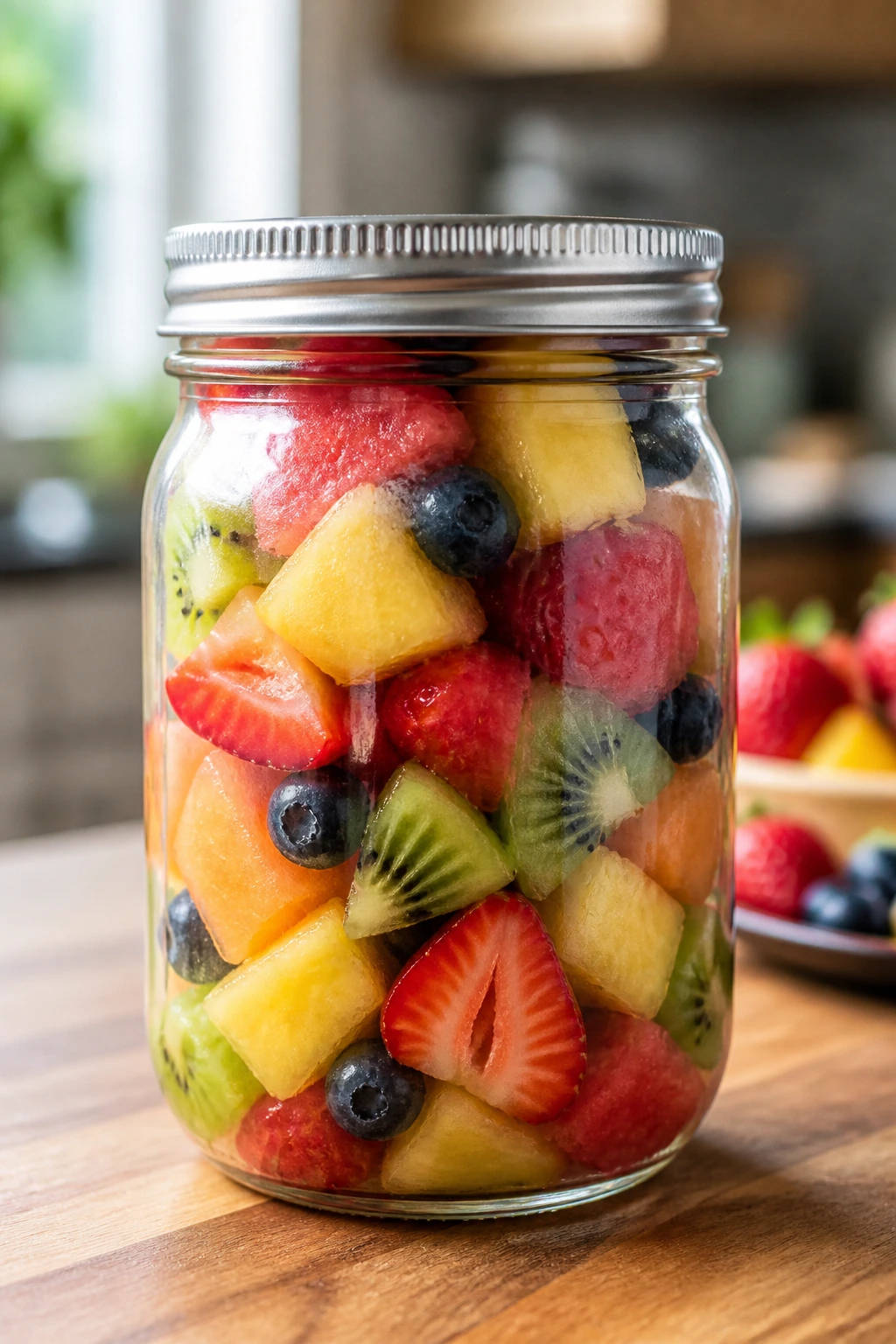 Sealed Mason jar with colorful fruit salad on wooden counter