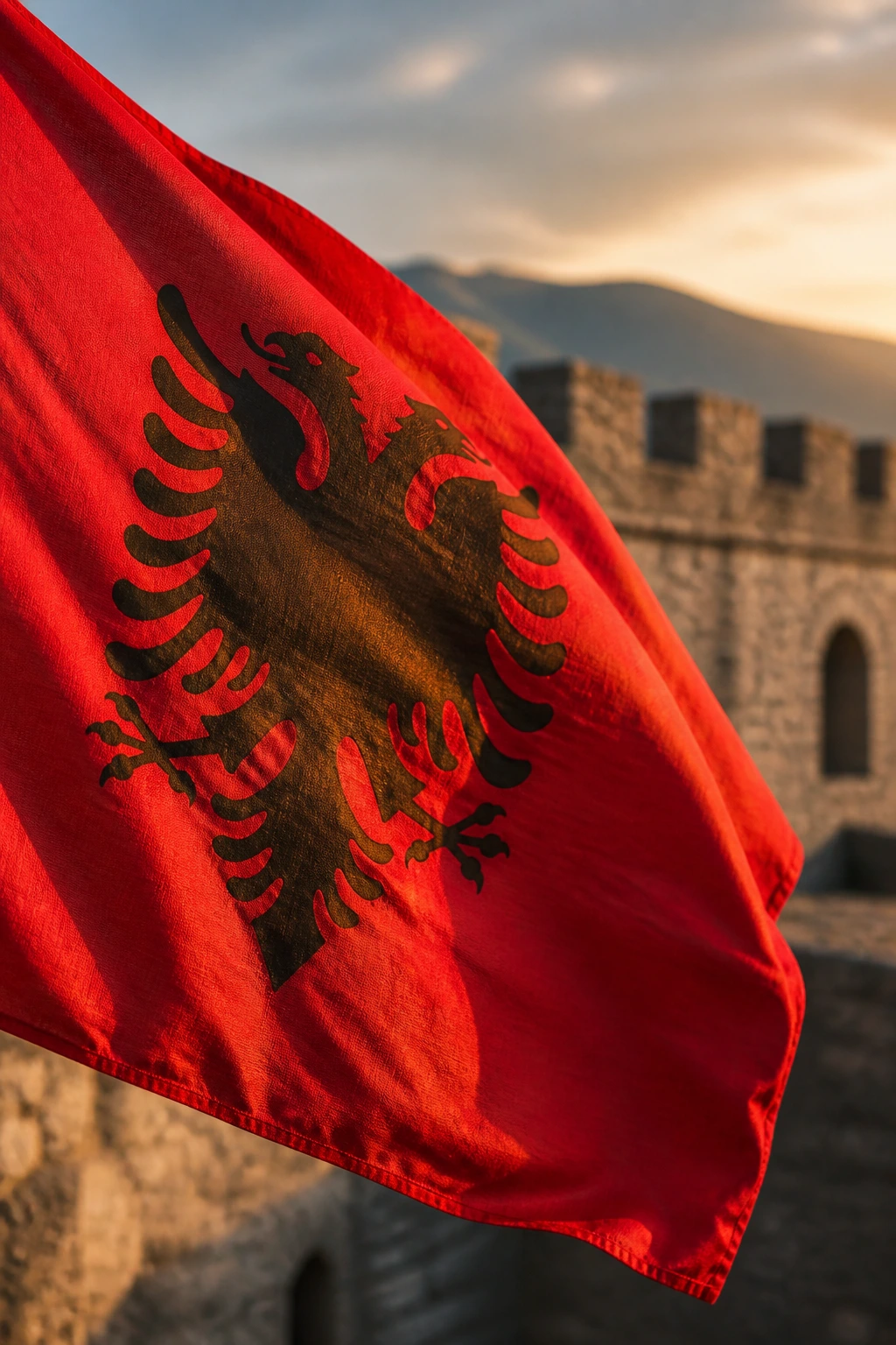 Close-up of the Albanian flag with historic backdrop