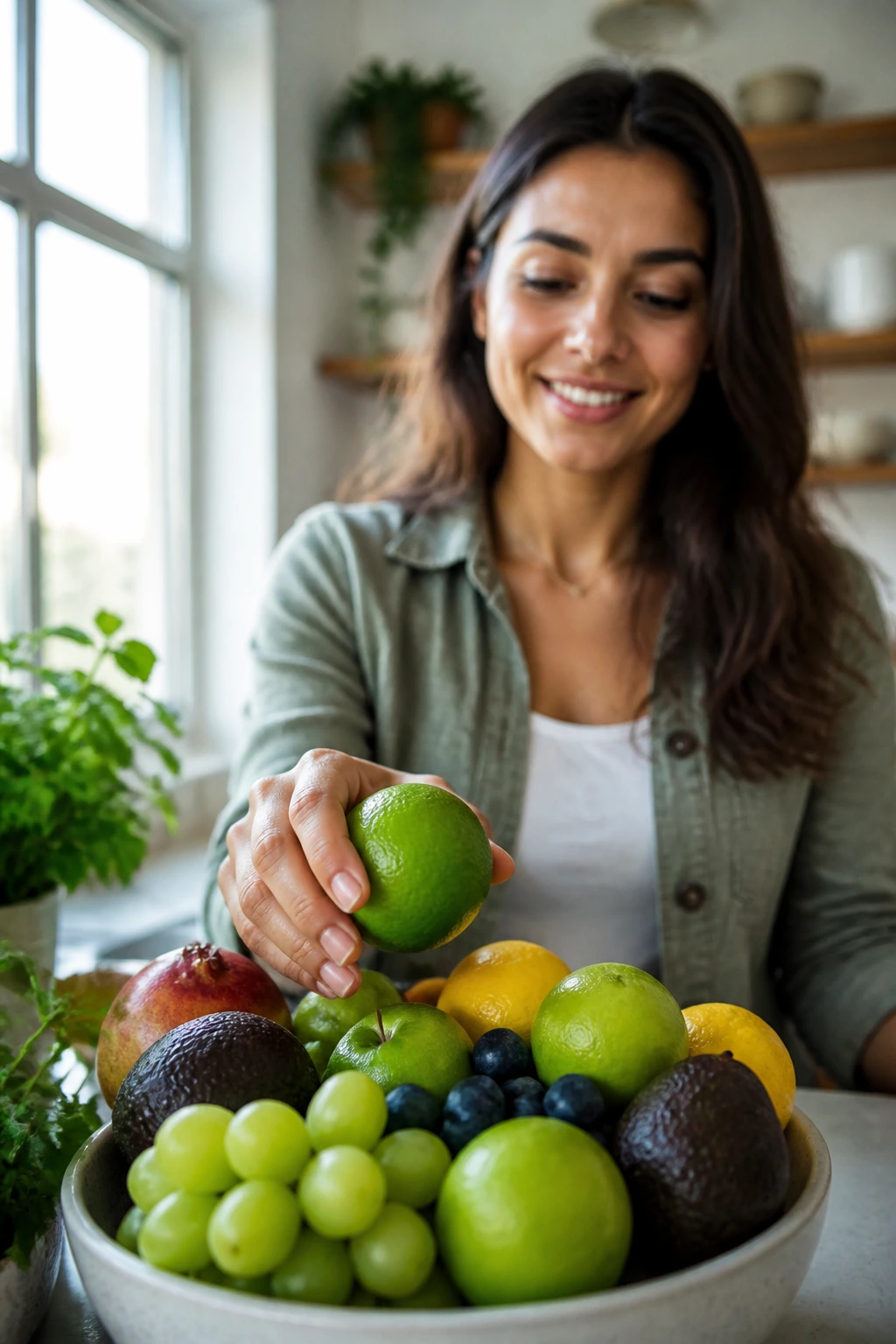 Alkaline Fruits: Top 15 Fruits That Are Alkaline In Nature 3 Close-up of a person selecting alkaline fruits from a bowl in a sunlit kitchen