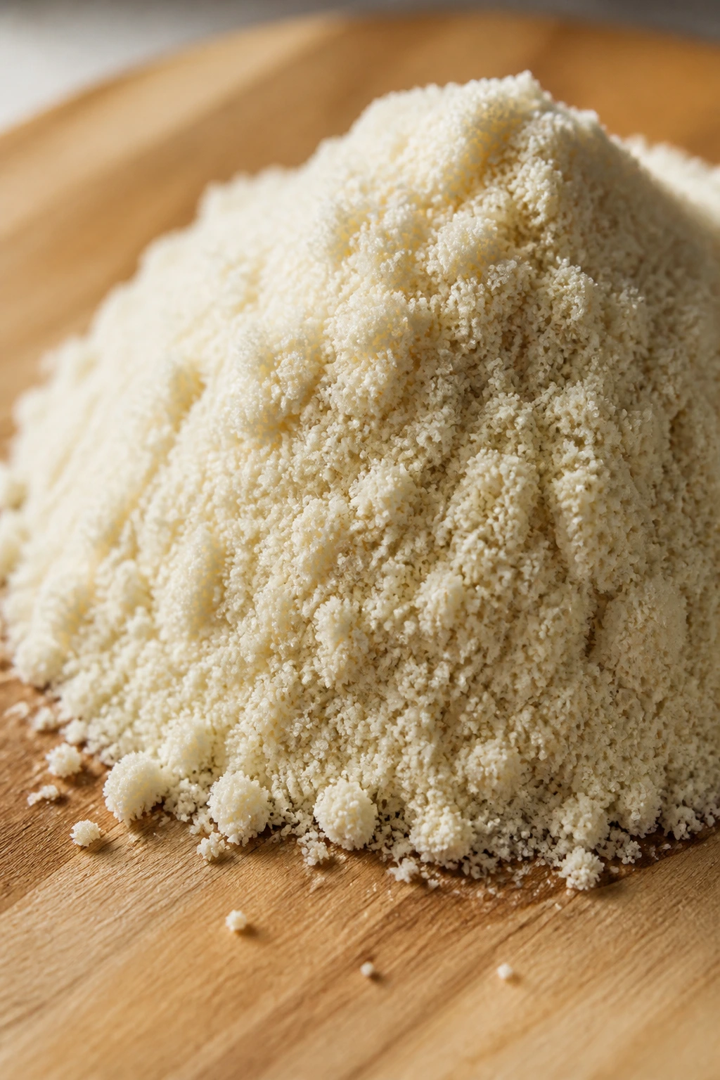 Close-up of almond flour mound on wooden board under natural light