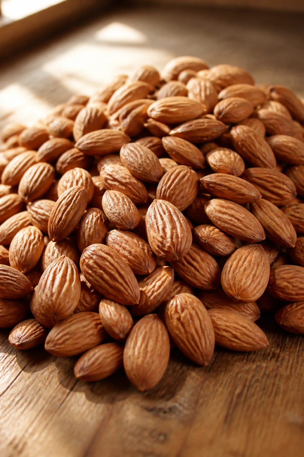 Close-up of a mound of almonds on a rustic wooden surface with natural light