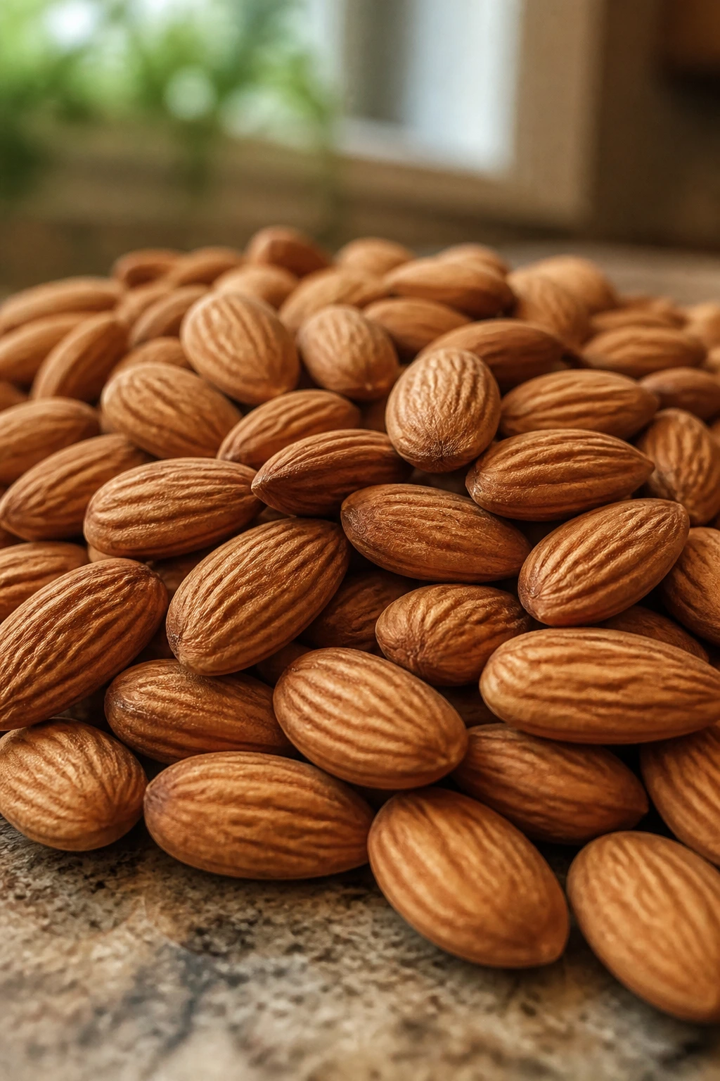 Pile of almonds filling the frame on a kitchen counter