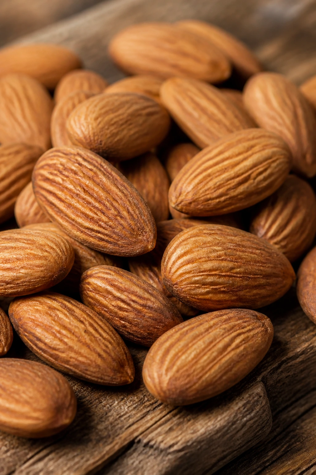 Close-up of almonds on a wooden cutting board