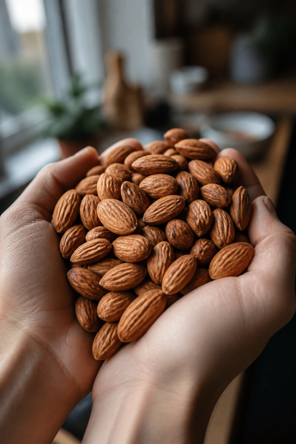 Hand cupping almonds showing healthy snack portion