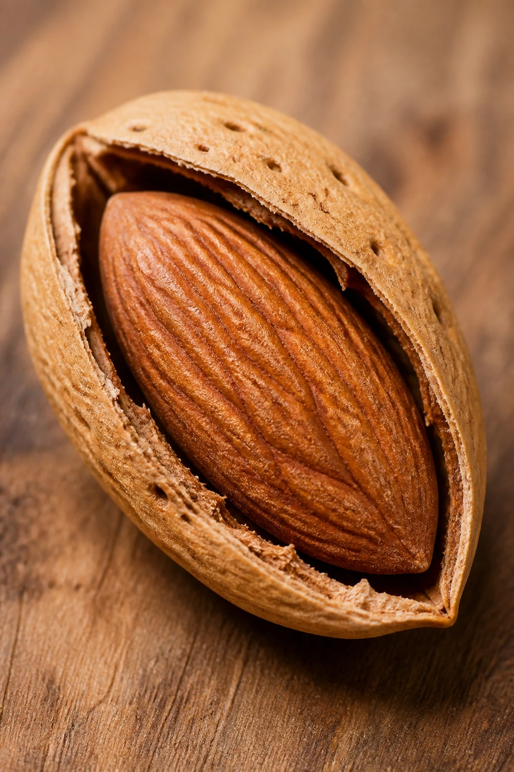 Close-up of almond seed with cracked shell on wood