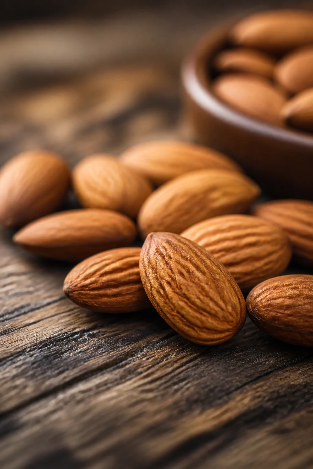 Almonds on wood with soft lighting highlighting texture