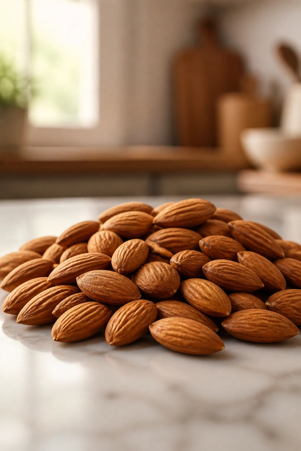Almonds arranged in a neat pile for snacking