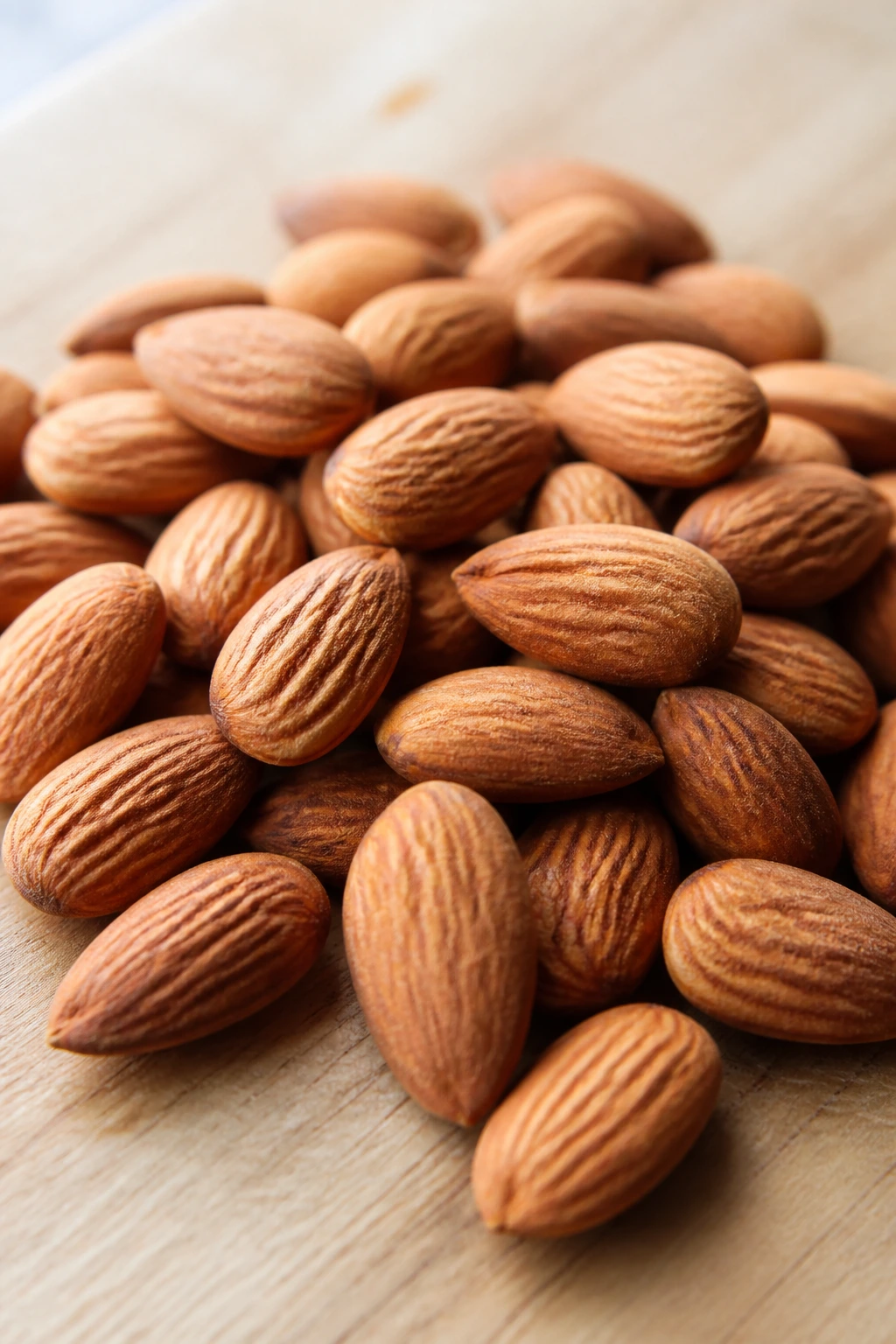 Close-up of almonds on a light wooden surface with natural light