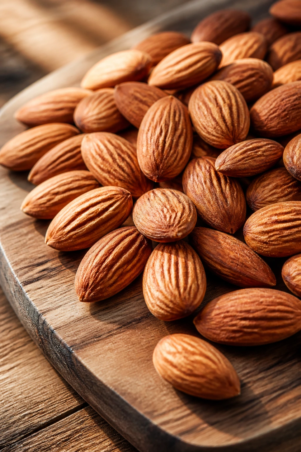Close-up almonds showing textured brown skins on wooden board