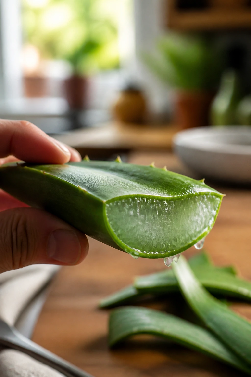 How To Cut Aloe Vera Plant Without Killing It: Step-By-Step Guide 3 Close-up of an aloe vera leaf cut to reveal clear gel on a kitchen counter